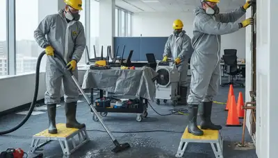 Palmdale, CA technicians performing burst pipe cleanup for residential water damage restoration